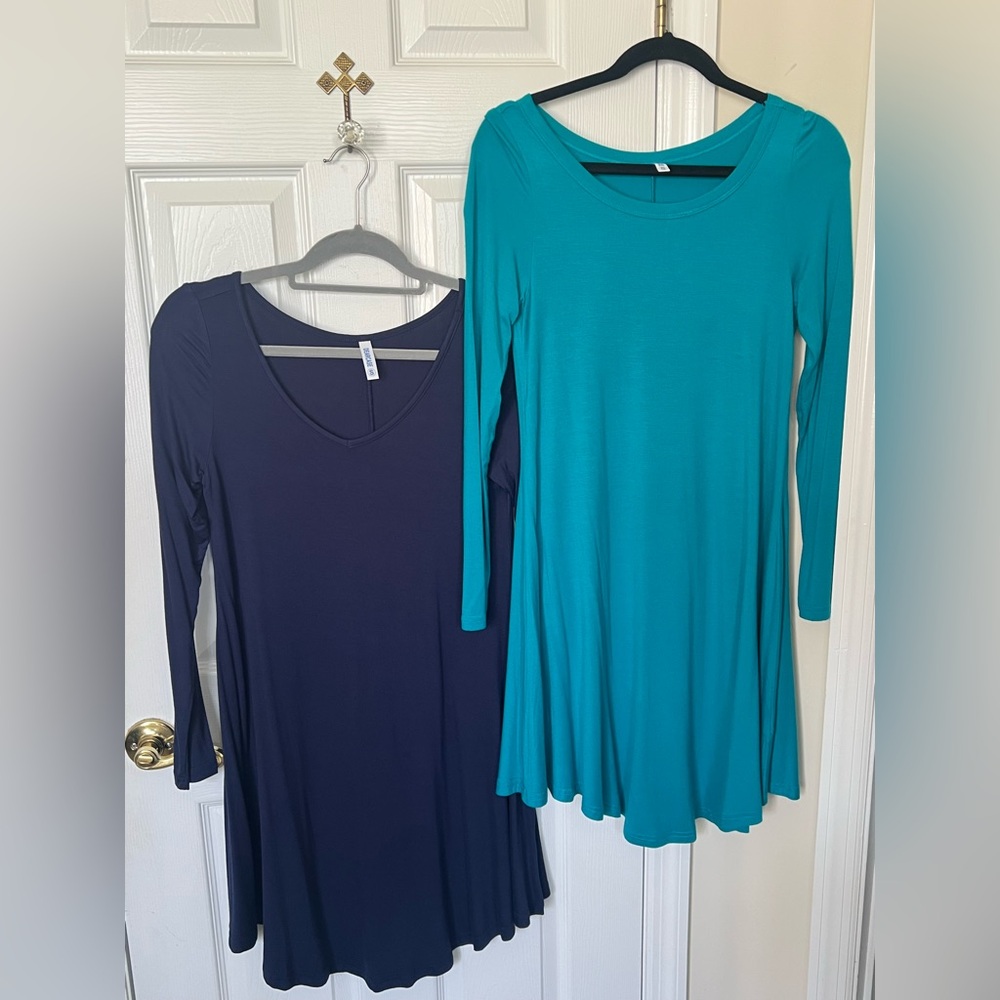 Lot Of 2 DEARCASE Blue & Turquoise Stretch Long Sleeve  Dresses SZ S